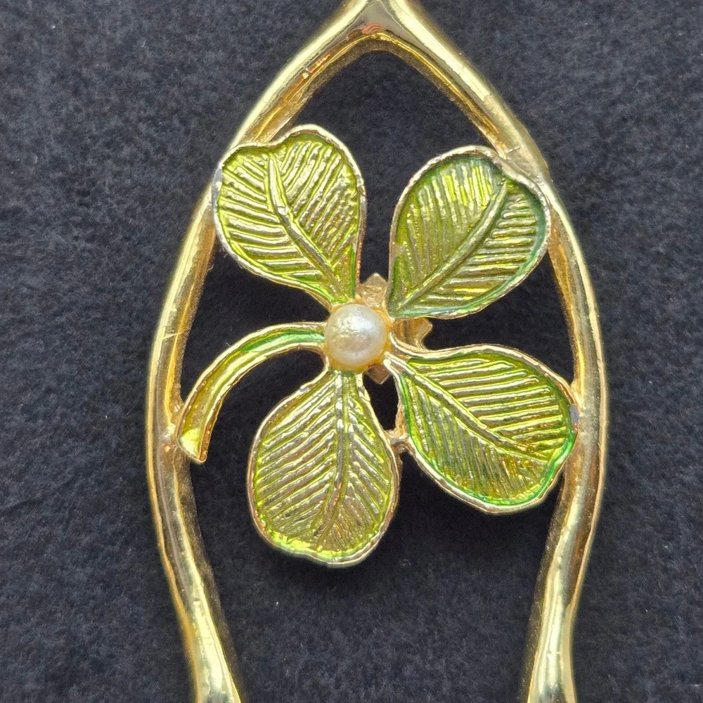 Gerrys Womens Vintage Wishbone Four Leaf Clover Enamel Pearl Brooch Pin Luck
